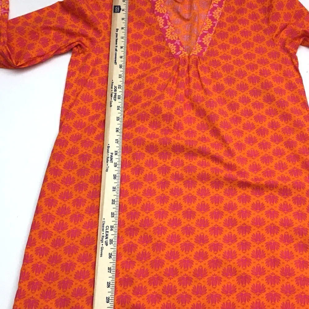 Zara Women's Pink and Orange Print Dress Long Sleeves V-Neck Lightweight size S